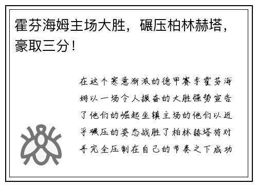 霍芬海姆主场大胜，碾压柏林赫塔，豪取三分！