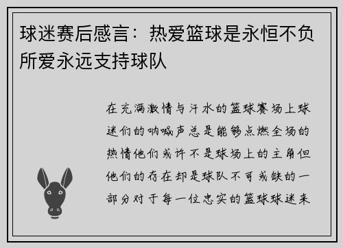 球迷赛后感言：热爱篮球是永恒不负所爱永远支持球队