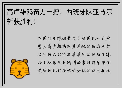高卢雄鸡奋力一搏，西班牙队亚马尔斩获胜利！