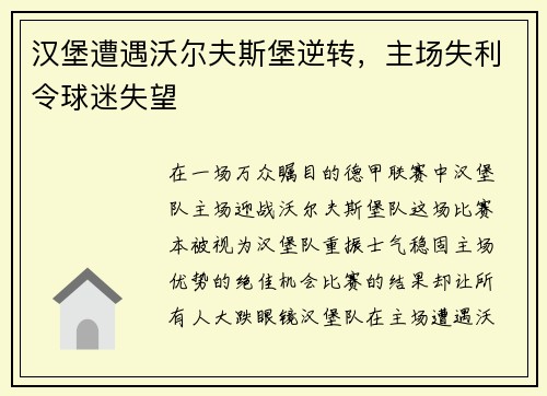 汉堡遭遇沃尔夫斯堡逆转，主场失利令球迷失望