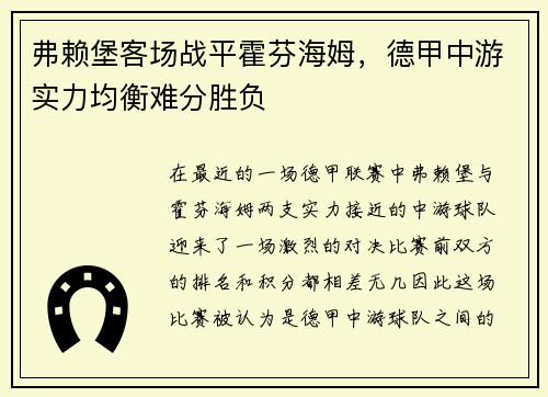 弗赖堡客场战平霍芬海姆，德甲中游实力均衡难分胜负