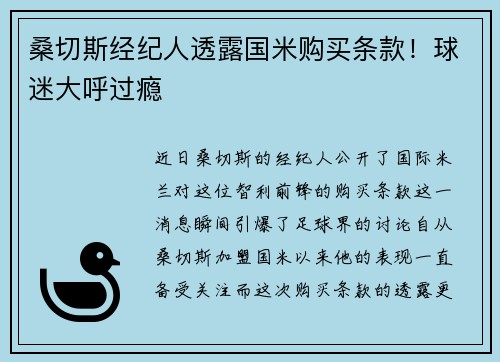 桑切斯经纪人透露国米购买条款！球迷大呼过瘾