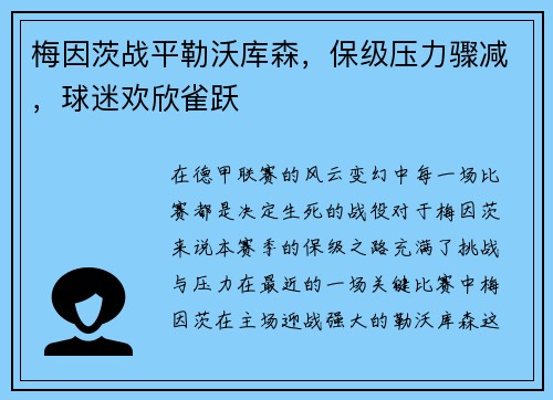 梅因茨战平勒沃库森，保级压力骤减，球迷欢欣雀跃