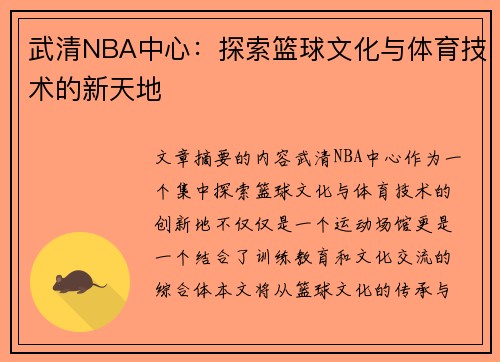 武清NBA中心：探索篮球文化与体育技术的新天地